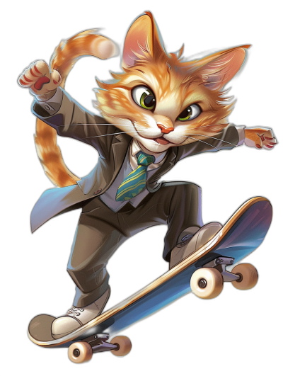 A cat in a suit and tie riding on top of a skateboard, in a cartoon style, on a black background, with a detailed character design, as a full body shot, with cute cartoonish designs, in vibrant colors, concept art in the style of Pixar studio, at a high resolution.