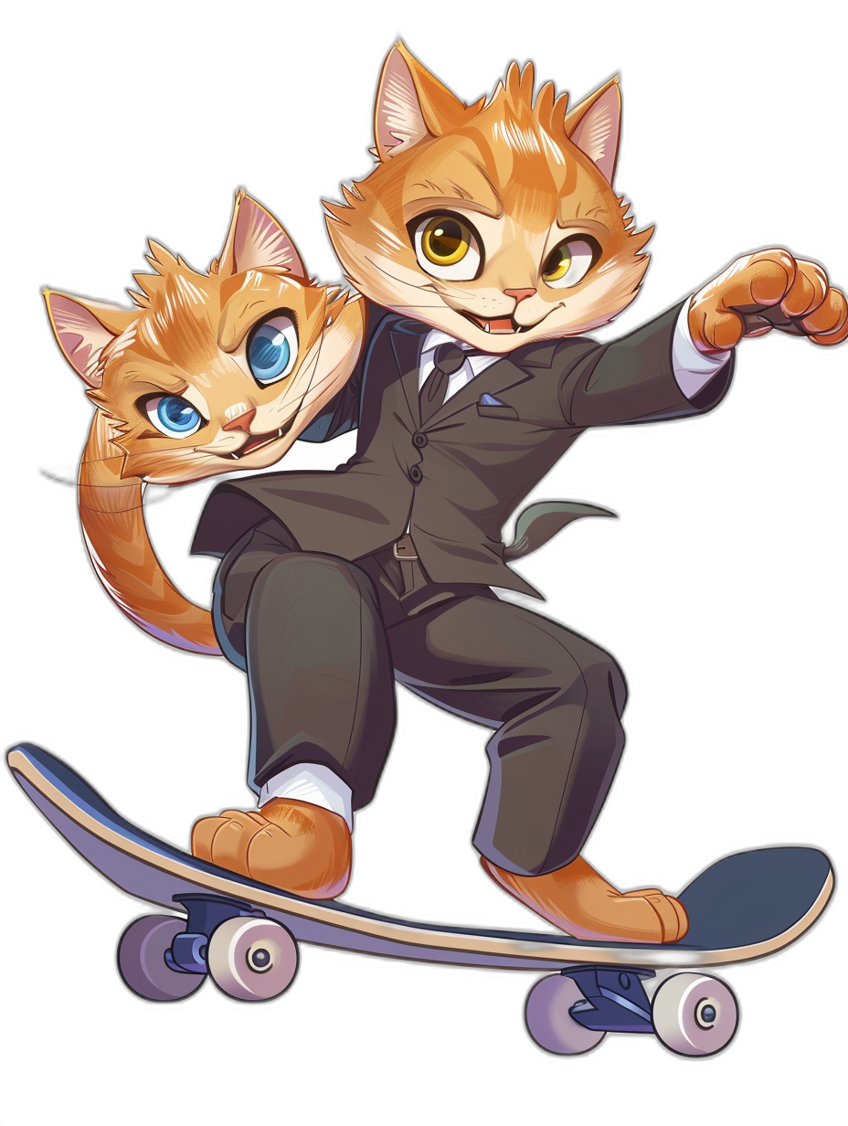 2 cute orange cats in business suits, with blue eyes and brown hair, riding on skateboards in the style of cartoon, vector graphics, black background, 3d rendering, anime art, cute character design, flat illustration, sticker art, detailed lines, high resolution, high detail, high quality, high contrast, high sharpness, masterpiece, best quality, high definition