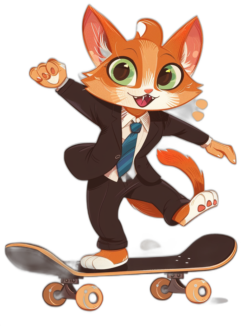 A cartoon cat in a suit and tie riding on top of a skateboard. The art style is vector with a black background. The cat has cute big eyes and is wearing business attire. The design is simple and flat. The art style is similar to 2D game graphics. It is a digital illustration with a cartoon style. The art style is similar to sticker art. It is high resolution, high quality and high in detail with smooth lines and vibrant colors. There are no shadows with a white outline around the edges.