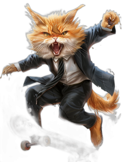 character design of an orange cat in business suit and tie, he is angry and jumping on his skateboard, full body shot, black background, fantasy art style, detailed character illustrations, full body photo, hyper-realistic portrait, detailed face, concept art by [Atey Ghailan](https://goo.gl/search?artist%20Atey%20Ghailan), [Michael Garmash](https://goo.gl/search?artist%20Michael%20Garmash), [Alphonse Mucha](https://goo.gl/search?artist%20Alphonse%20Mucha), [Tomer Hanuka](https://goo.gl/search?artist%20Tomer%20Hanuka)