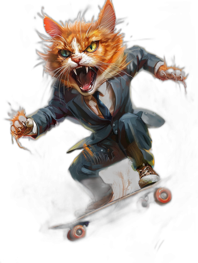 realistic digital fantasy illustration of an angry ginger cat wearing suit and tie, riding on skateboard, isolated in black background,