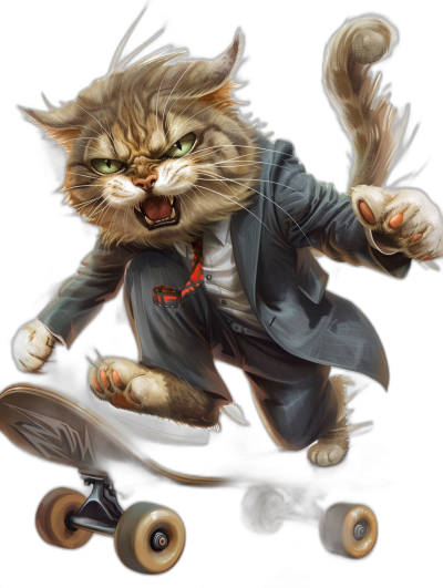 angry cat in suit, riding on skateboard, black background, in the style of [Tiago Hoisel](https://goo.gl/search?artist%20Tiago%20Hoisel), caricature-like, playful caricatures, high resolution