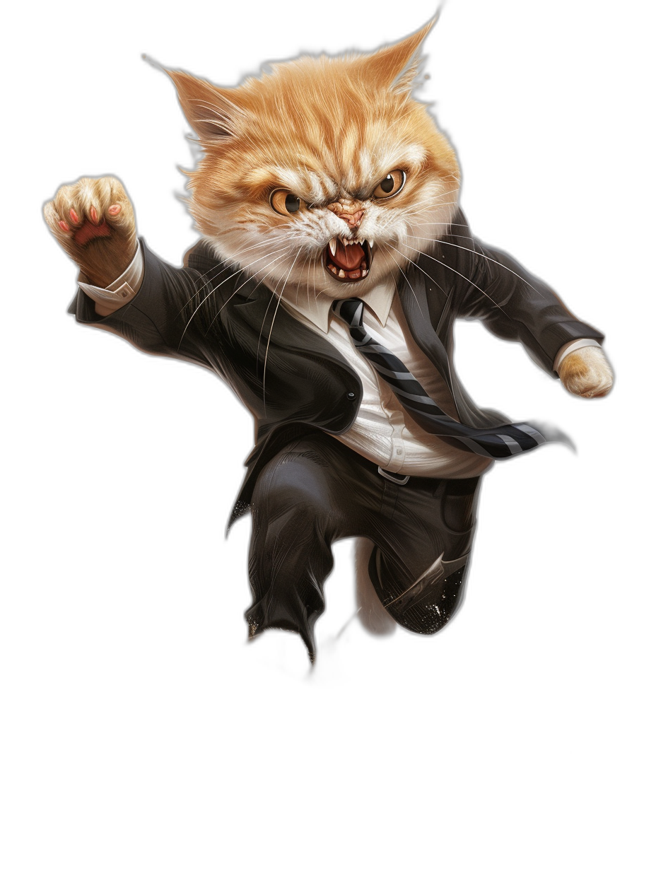 A very angry ginger cat in a suit jumping in the style of [Artgerm](https://goo.gl/search?artist%20Artgerm), in a cartoon style on a black background, digital art in the style of [Atey Ghailan](https://goo.gl/search?artist%20Atey%20Ghailan), D&D character portrait