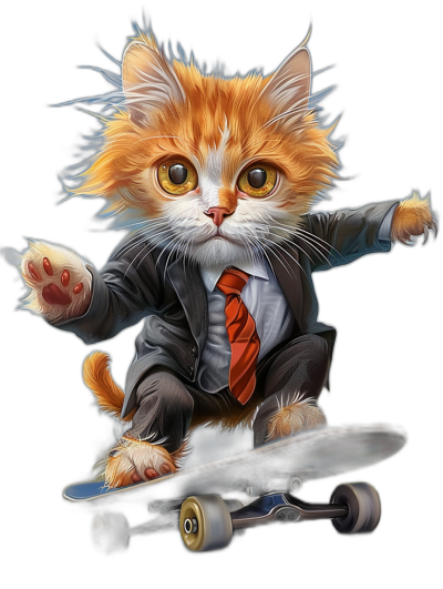 t-shirt design, Cool Orange Kitten riding on a skateboard, wearing a suit and tie with big cute eyes, dark background, full body shot, in the style of digital art.