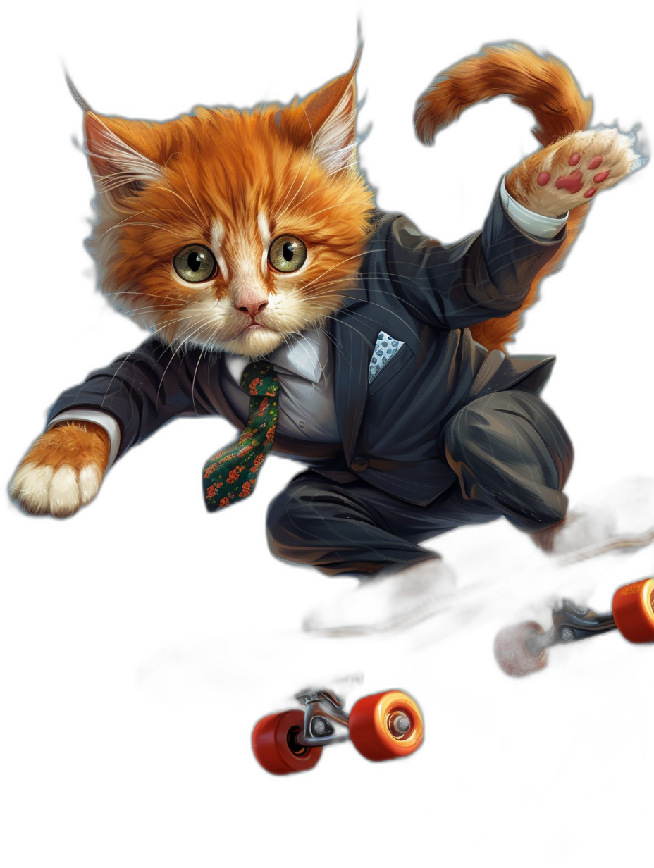 digital art of cute kitten , wear suit and tie, riding skateboard , black background, color combination