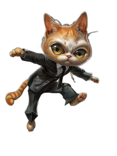 character design, cute ginger cat in suit jumping like the movie villain billy ellieren from thundercats, black background, digital art in the style of greg manchess and [Craig Mullins](https://goo.gl/search?artist%20Craig%20Mullins) and [Ruan Jia](https://goo.gl/search?artist%20Ruan%20Jia), fantasy illustration