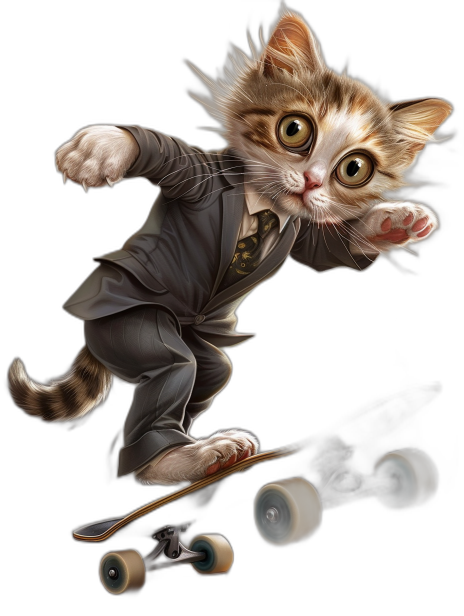 digital art of a cute kitten wearing a suit and riding a skateboard on a black background, with clean lines and in a high resolution, professional style photograph that is very detailed