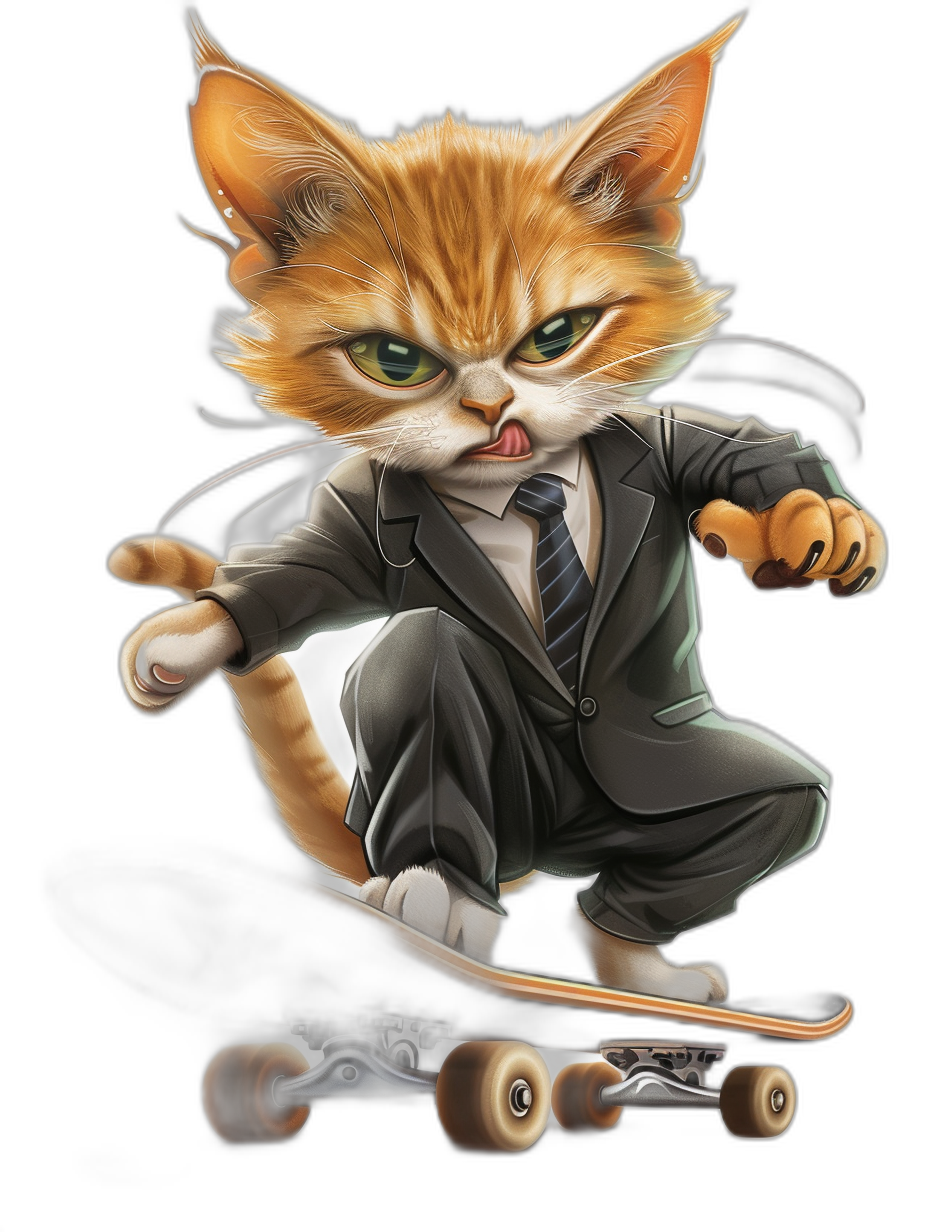 t-shirt design, Character concept of an angry ginger cat in suit and tie riding on skateboard with dark background, full body shot