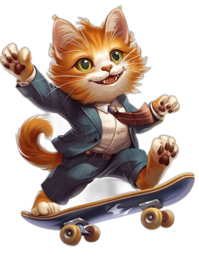 Cute cartoon cat in a suit, riding a skateboard, on a black background, with bright colors, in a cartoon style, like 2D game art, in the style of Disney Pixar animation, with high resolution