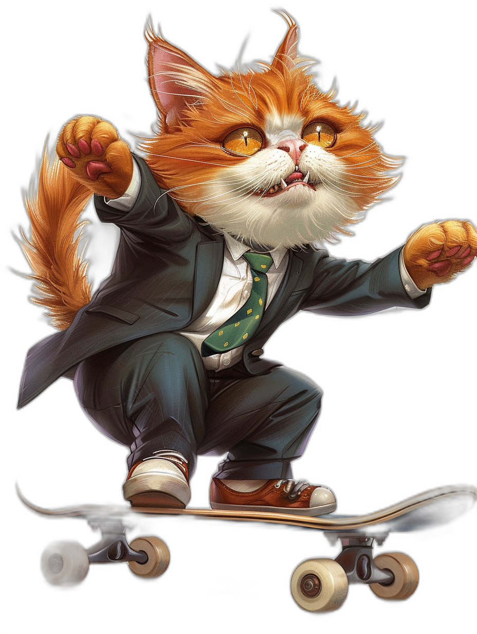 Cute fluffy orange cat in a suit and green tie riding on a skateboard, detailed illustration in the style of [Artgerm](https://goo.gl/search?artist%20Artgerm), full body shot against a black background, dynamic pose, detailed fur