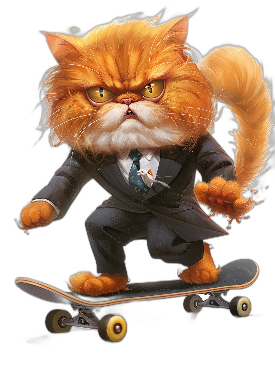 A cartoon illustration of an orange cat in a business suit and tie riding on a skateboard, with a black background, showing a full body portrait, with detailed character illustrations in the style of fantasy art, depicting a funny cute fluffy furry concept, detailed fur texture, stock photo