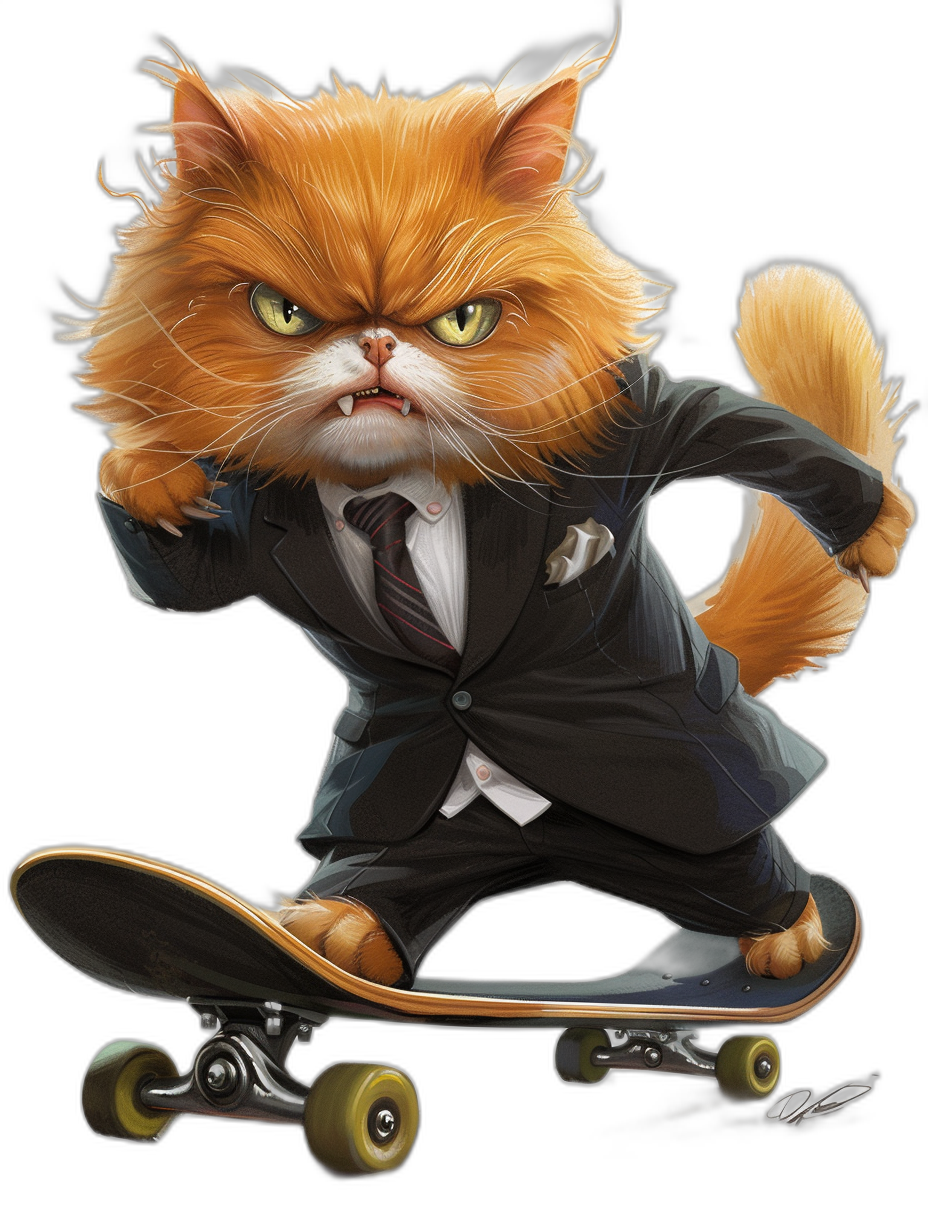 realistic digital illustration of an angry ginger cat in business suit, riding on skateboard, black background, full body portrait view, high details