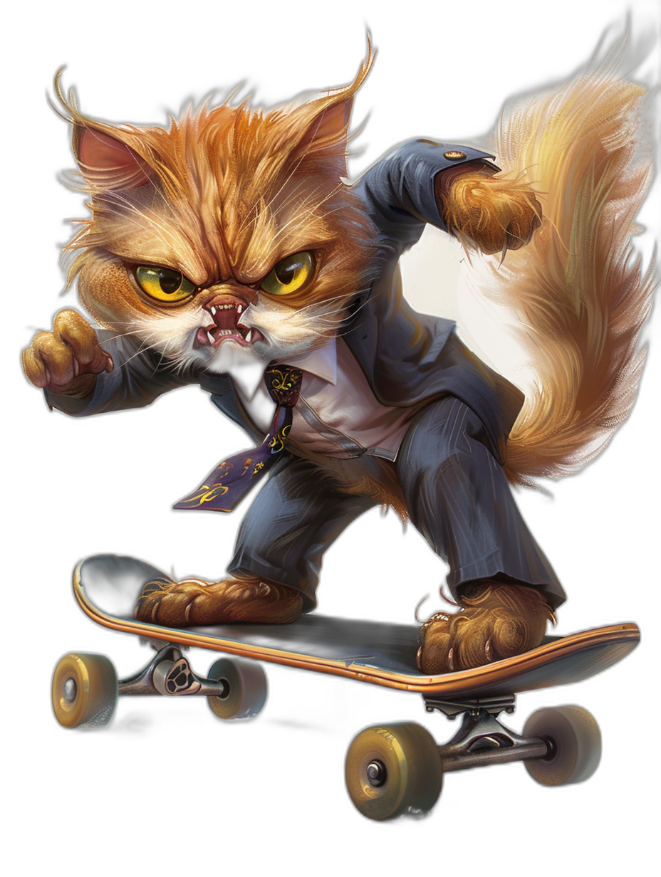 A full body shot of an angry orange cat wearing a business suit, riding on a skateboard, with a detailed background, in the style of [Greg Rutkowski](https://goo.gl/search?artist%20Greg%20Rutkowski). The digital painting features vibrant colors and sharp lines with smooth brushwork and clear shading against a black background. It is a high resolution, high quality, high detail concept art piece.