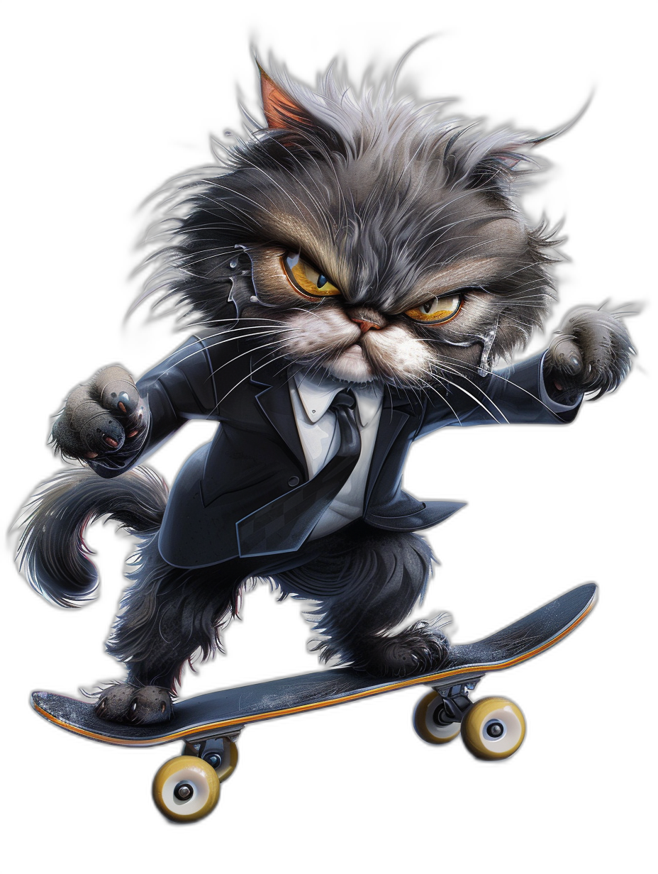 realistic cartoon illustration of an angry cat in a black tuxedo, riding on a skateboard, isolated with a pure solid background, high contrast colors, high resolution, professional photograph, in the style of airbrush art, hyper realistic, cinematic lighting, intricate details, highly detailed