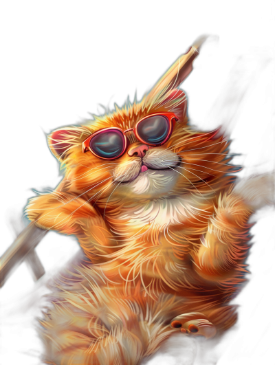 digital art of a cute kitten, wearing sunglasses, holding a long stick and looking at the sky, with red fur on a black background, with playful lines, in the style of Pixar, with a happy expression, and vibrant colors.