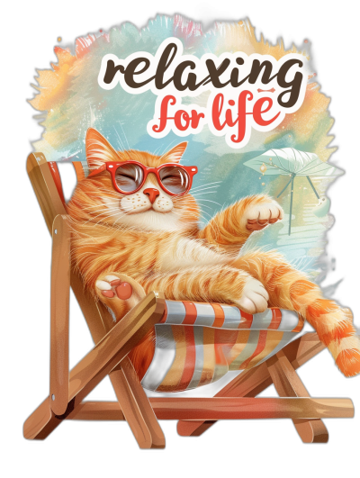 t-shirt design with text "relaxing for life", an orange cat wearing sunglasses relaxing in beach chair, colorful background, vector illustration , detailed and sharp, no mockup frame, the art is well composed and atmospheric, it's inspired by vintage designs and cinematic elements