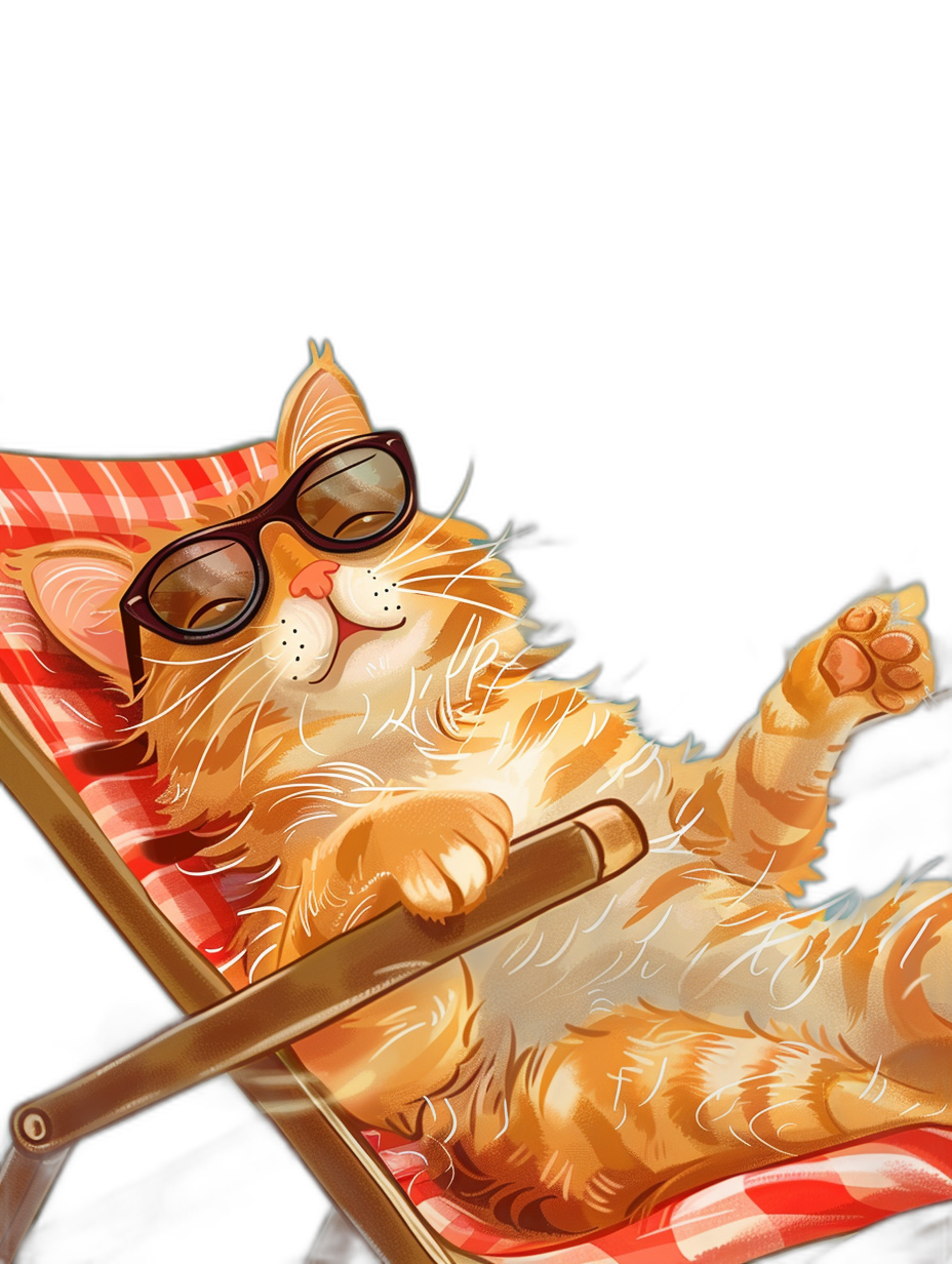 digital art of cute and fat orange cat , wear sunglasses, sitting on the deck chair with black background, wearing red plaid tshirt , chilling happy in beach lounge chair