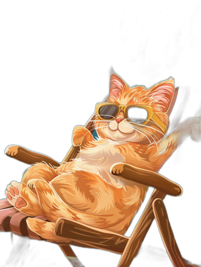 digital art of a cute and fat orange cat wearing sunglasses, sitting on a chair with a black background, with a chill happy expression, in a cool pose, in the style of lofi.