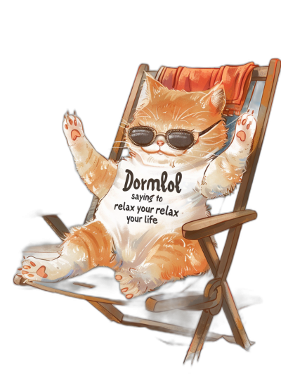 a cute happy cat wearing sunglasses and sitting in an beach chair with his legs out, text on t-shirt "DormEkol says relaxed your life", vector design, black background, detailed, high resolution