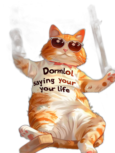 An orange cat wearing sunglasses and a white t-shirt with text "DormMODl patriarchs saying your life", jumping against a black background, in the style of anime.