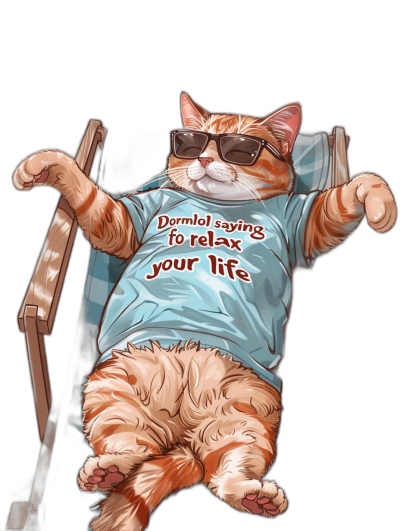 A fat cat wearing sunglasses and a t-shirt with the text "DormPLIED saying to relax your life", lying on a sunbed, black background, in the style of cartoon.