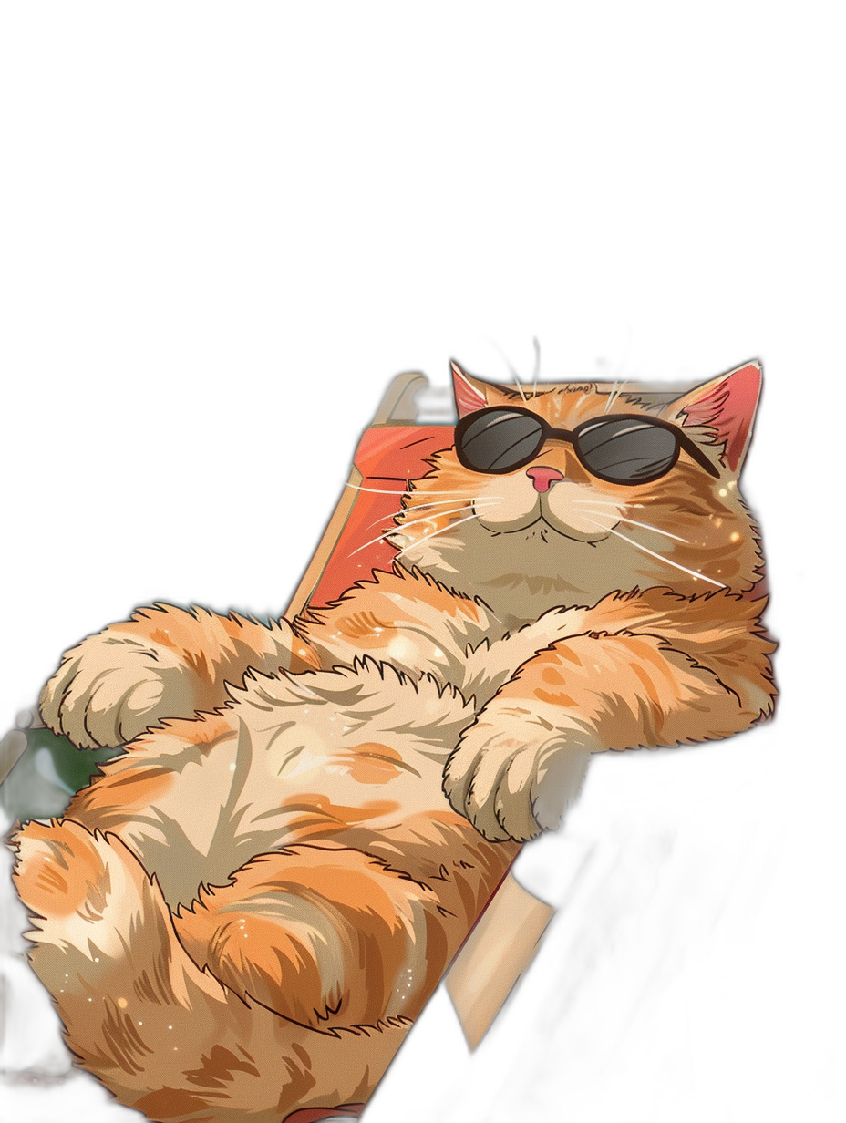 digital art of a cute and fat orange cat, wearing sunglasses, sitting on a chair with a black background, giving off chill out vibes, with a chilling and happy expression in the style of anime, with a cartoon and game character design, lying down on a beach chair, wearing a red top and shorts, from the side view, showing the full body.