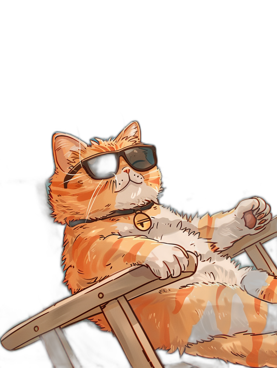 digital art of a cool fat orange cat, wearing sunglasses, lying on a beach chair with a black background, minimal style, chill vibes, in the style of Ghibli studio anime