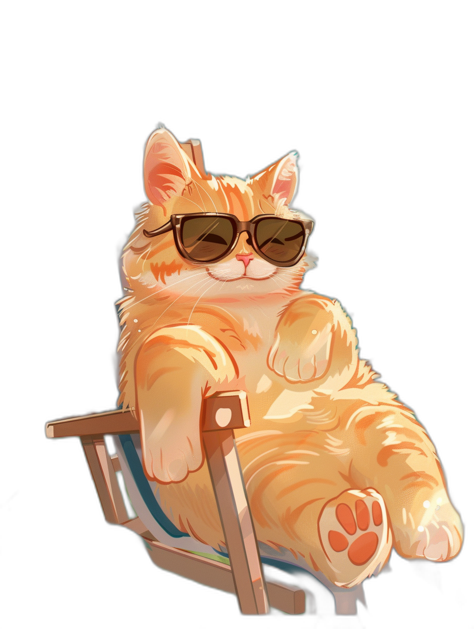 digital art of a cute and fat orange cat, wearing sunglasses, sitting on a chair in an office with a black background, chilling happily and funnily in the style of an office worker.