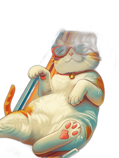 a white and orange cat with sunglasses is sitting on the back of an airplane in a relaxed pose, wearing slippers, vintage comic style, clear outlines black background