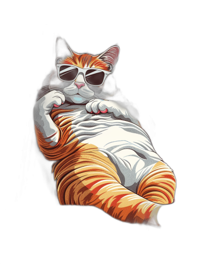 t-shirt design, full body fat orange cat with sunglasses lying on his belly wearing a white shirt on a black background, vector illustration in the style of behance, detailed, high detail, hyperrealistic