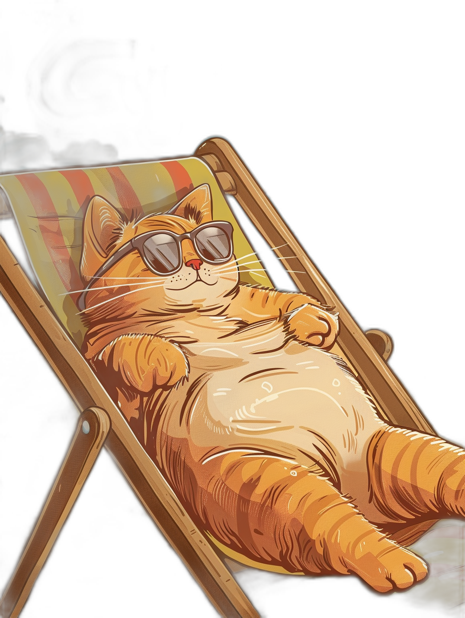 A fat ginger cat wearing sunglasses lounging on a beach chair, vector art illustration, black background, high contrast, hyper realistic, detailed, high resolution, in focus, sharp details, cinematic lighting, symmetrical composition, t-shirt design, solid colors.