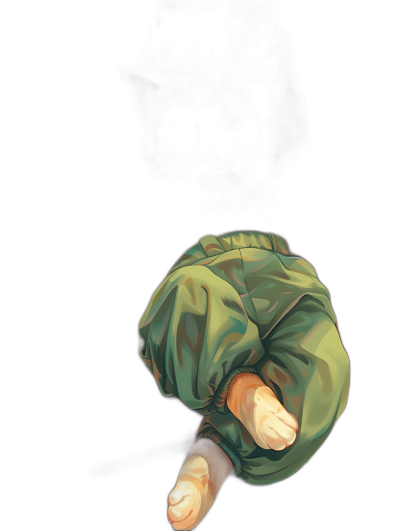 A cartoon top view of an arm wearing a green shirt and pants, pointing downwards towards the camera, on a black background, in the style of a hyper realistic oil painting.