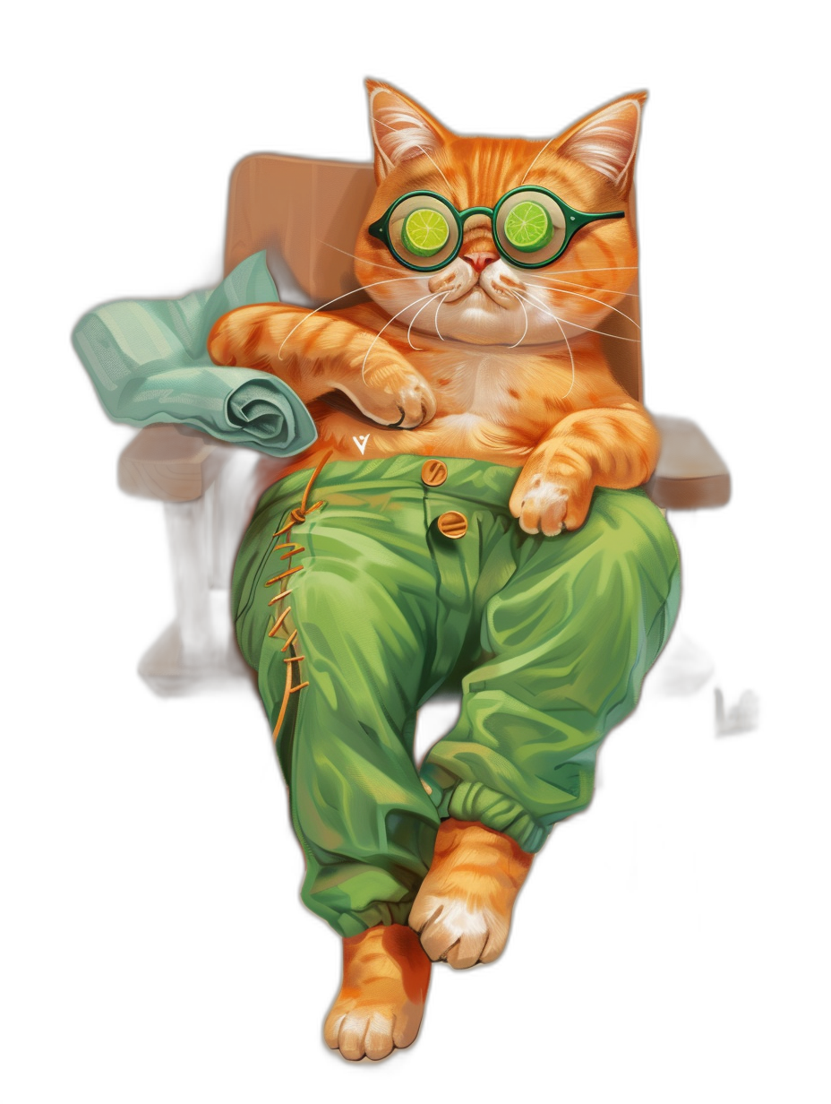 a cartoon illustration of an orange cat wearing green pants and glasses sitting in chair, black background, digital art by [Amanda Sage](https://goo.gl/search?artist%20Amanda%20Sage) and [Clint Cearley](https://goo.gl/search?artist%20Clint%20Cearley), the twilighters of time series, detailed character design, [Patrick Brown](https://goo.gl/search?artist%20Patrick%20Brown) , catcore, wimmelbilder, full body portrait