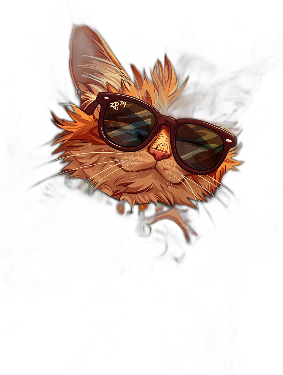 digital art of a cool cat wearing sunglasses with a black background in the style of a tshirt design. The cat is cute and funny.