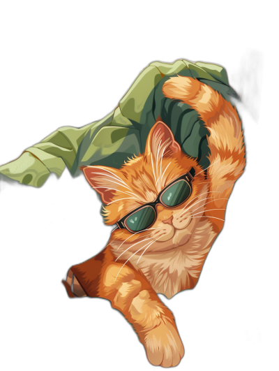 Illustration of an orange cat wearing sunglasses, hanging upside down from the edge of a black background in the style of cartoon. A digital art and vector illustration showing the full body view and portrait with the head and tail visible. The cute and smiling cat is holding a green blanket in its paws.