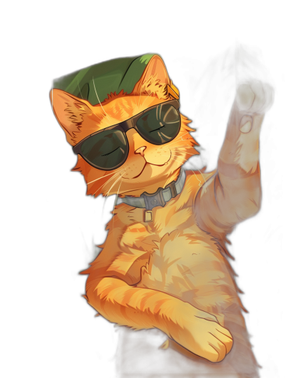 An orange cat wearing black sunglasses and a green beret is holding up his hand to make the 'angle of shaded light' gesture in the style of digital art against a pure dark background. The overall atmosphere should be funny and humorous.