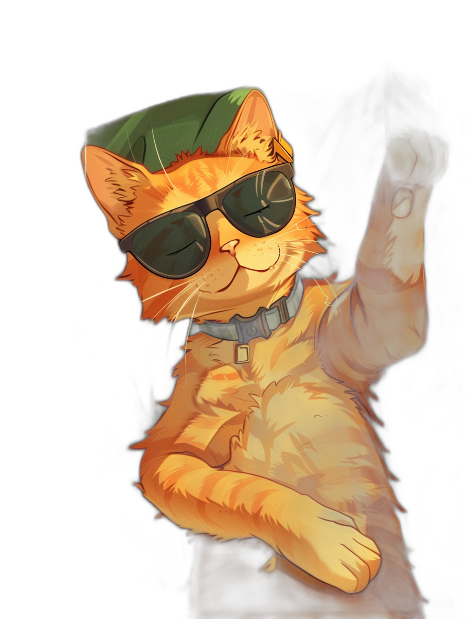 An orange cat wearing black sunglasses and a green beret is holding up his hand to make the ‘angle of shaded light’ gesture in the style of digital art against a pure dark background. The overall atmosphere should be funny and humorous.