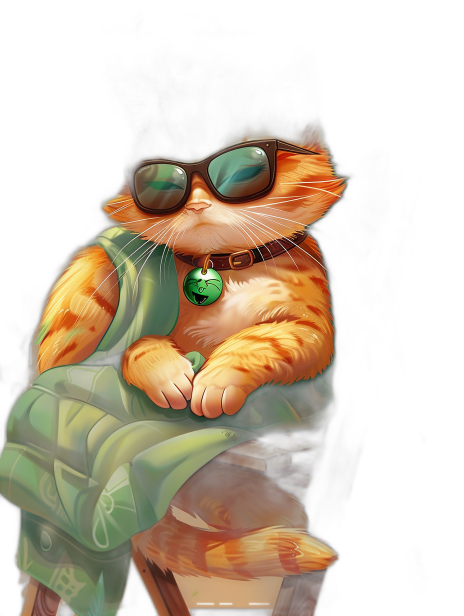 digital art of a cool fat orange cat, wearing sunglasses and green baggy , on a black background with dark colors covering the top half of its body and feet at the bottom of the screen, sitting at a table in the style of the character.