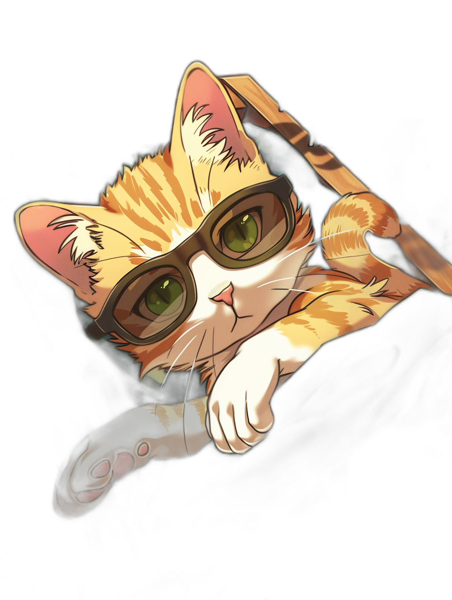 A cute cat with green eyes and aviator glasses is peeking out of the top left corner, holding an oar in his paws, isolated on a black background, in the style of anime.