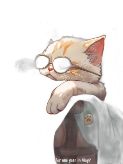 digital art of a cute and fat orange and white kitten, wearing sunglasses on a black background with the text "for one year in May?" on the side, wearing a green jacket with a brown belt, light colored fur, a cute hairstyle, in the style of minimalism, in a pastel tone, with warm lighting, in a low angle shot, in the painting style