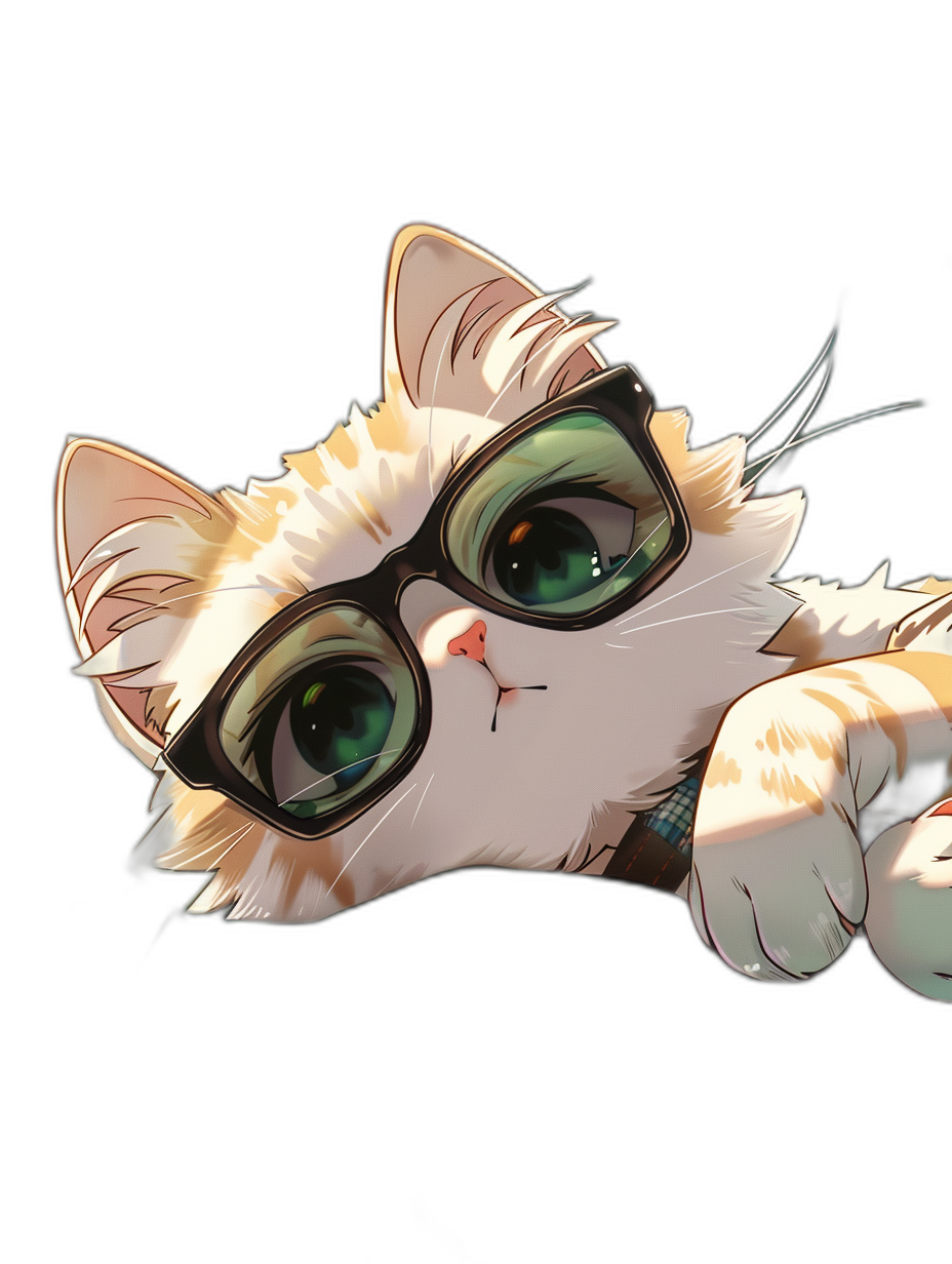 Cute cat wearing glasses lying down with a simple background in the style of anime. A cute illustration with a black background in the cartoon style of a simple drawing with high definition, high resolution and high detail.