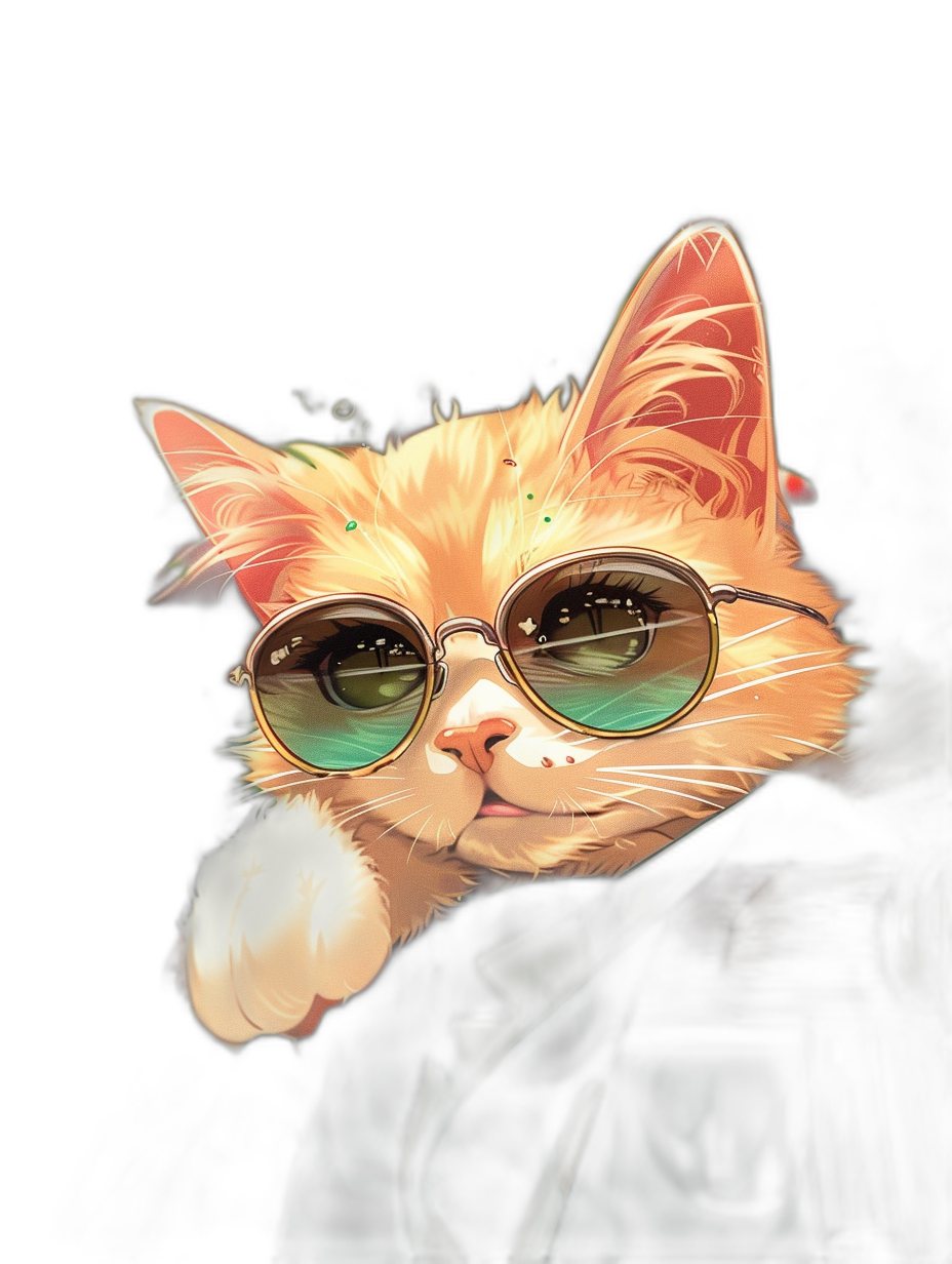 digital art of a cute and fat orange cat, wearing sunglasses with green lenses on a black background, wearing a suit and tie with a chill expression in a pastel color theme.