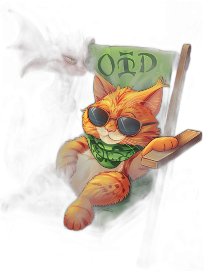 An orange cat with sunglasses and a green bandana sitting in an old chair, holding a wooden board sign that says "ODD", dark background, cartoon style, fantasy art style, D&D character portrait, a dark red dragon shadow behind the cat, digital illustration, in the style of fantasy art.