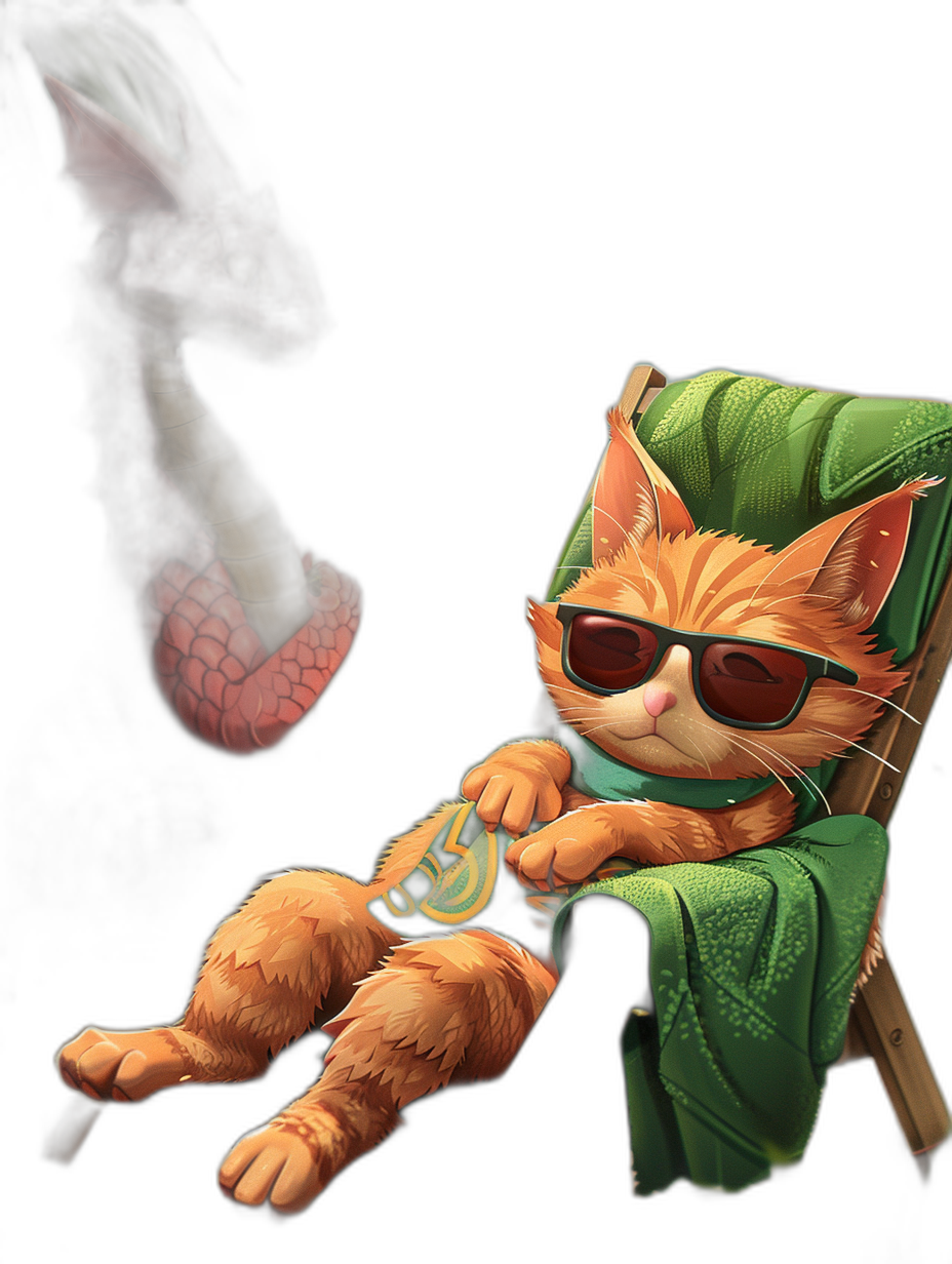 A cute ginger cat wearing sunglasses lounging in an armchair, with the head of Sroiki from League Of Legends on his shoulder. Black background. The character is holding a green poker chip and sitting next to a dragon that has black scales. In the style of League of Legends artstation illustrations.