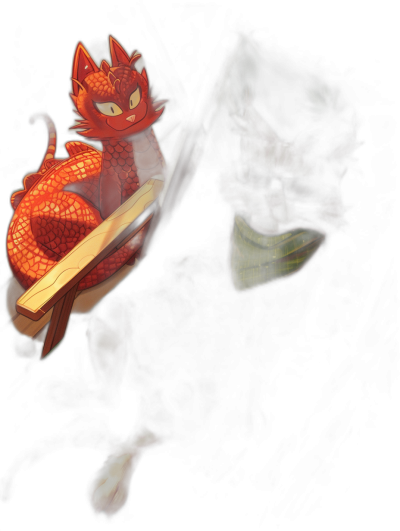 A red dragonborn cat hybrid sitting on the shoulder of an adventurer holding a wooden sword, against a black background, in the style of anime.