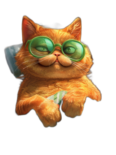 A cute orange cat with green glasses and a white tie, lying on its back in the air against a black background, digital art in the style of Disney Pixar studio, with an adorable and funny expression, high resolution.