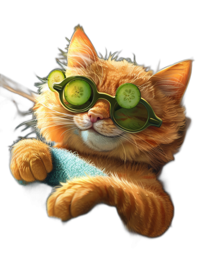 digital art of cute and fat orange cat , wearing sunglasses with cucumber on eyes, black background , chill expression , holding towel , in the studio