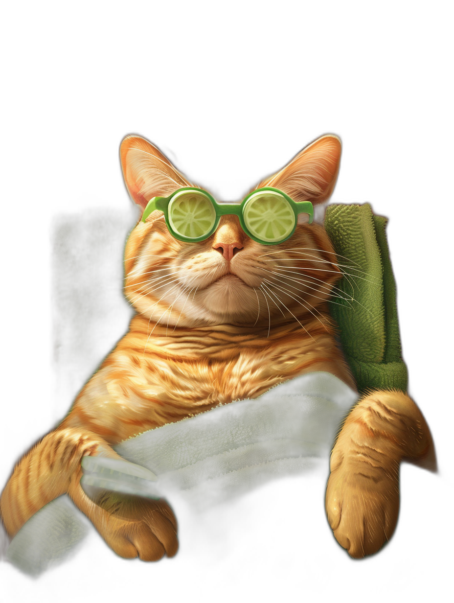 a realistic illustration of an orange cat wearing green glasses with lime on them, sitting in the chair and wrapped up under blanket, black background, high detailed, high resolution