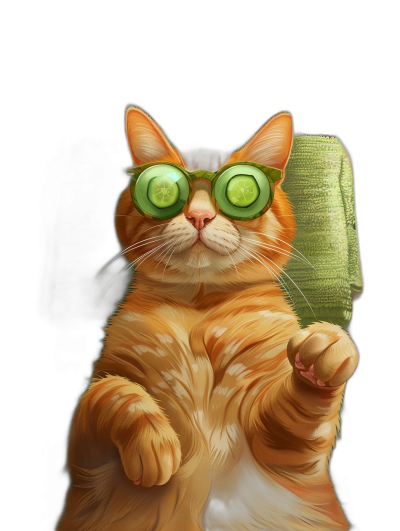 digital art of cute and fat orange cat wearing sunglasses with cucumber on its eye, holding green towel , black background, painting style