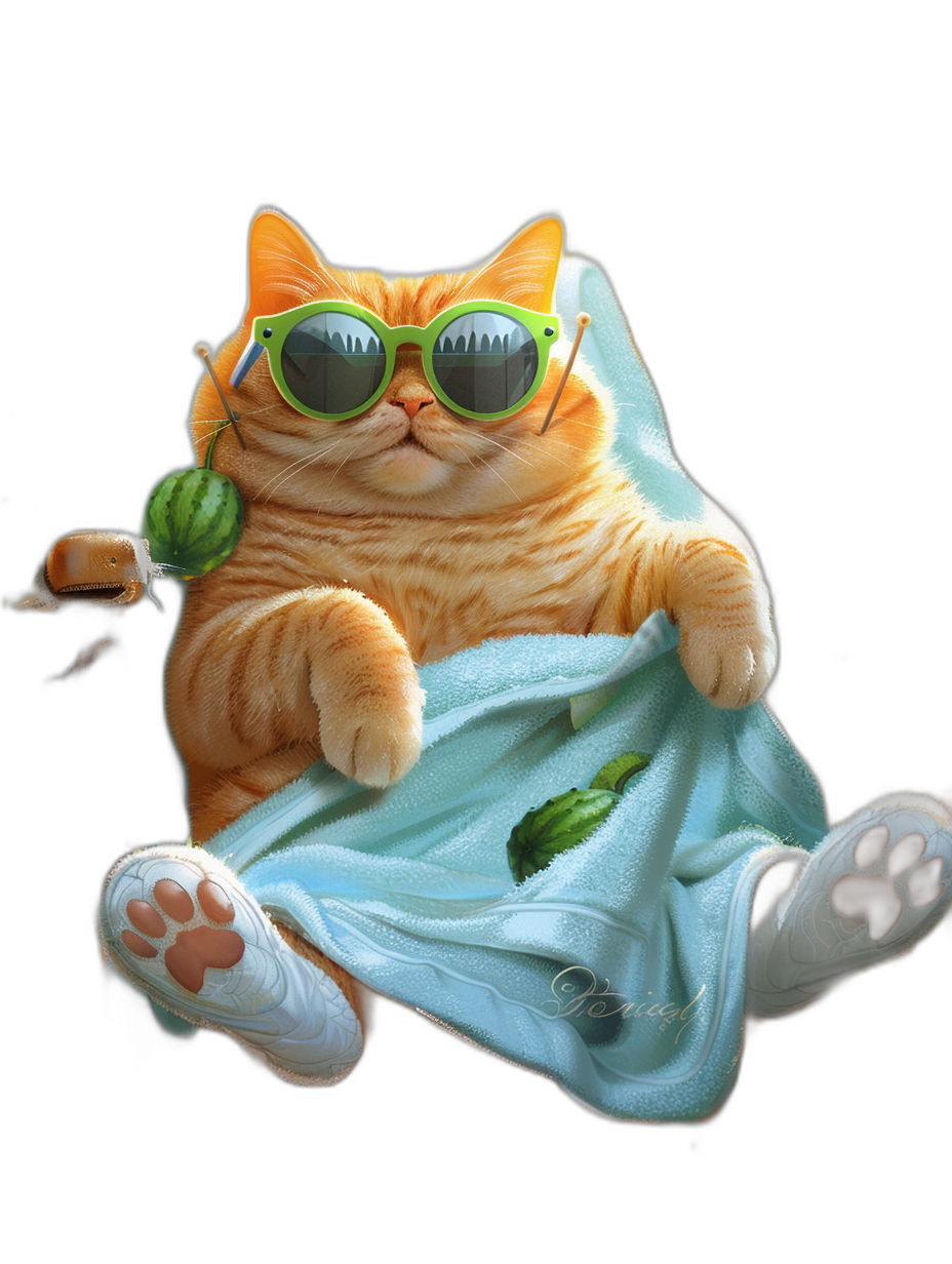 digital art of cute and fat orange cat wearing green sunglasses , the ginger sitting on white towel with watermelon in hand, black background , chilling happy and funny